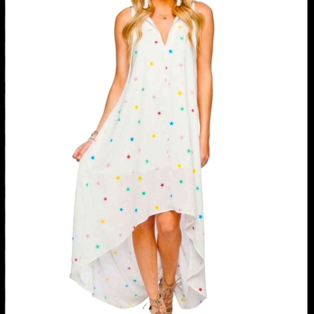 EUC Buddy Love Size S/M Medium Multicolor Stars Hi-Low White Dress - Lined
